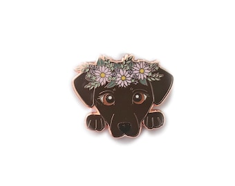 Labrador Pin, Chocolate Lab with White Sunflower Crown - Small 1" Enamel Pin