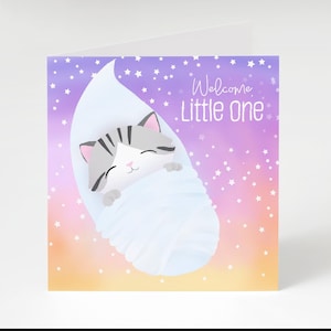 Tarjeta de felicitación por el nacimiento de un gato llamado Rocky