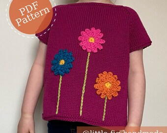 Maude DK Children's T-Shirt Top PDF Knitting Pattern with Crochet Flowers | 0-3m to 5-6 years | Beginner Friendly