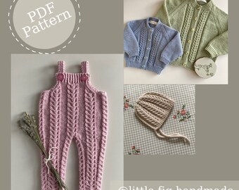 Charlie Traditional Cable Outfit Bundle | Baby Cardigan, Dungarees and Bonnet PDF Knitting Pattern | Intermediate Difficulty