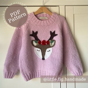 Sorel Deer Festive Childrens Christmas Intarsia Jumper PDF Knitting Pattern | Advanced Beginner | Sizes 1 to 10 years | Little Fig Handmade