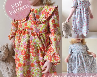 Patrón de costura en PDF para vestido Daisy, diseño multicolor, para bebés y niños, con volantes extragrandes, liso y cuello Peter Pan / Nivel principiante avanzado