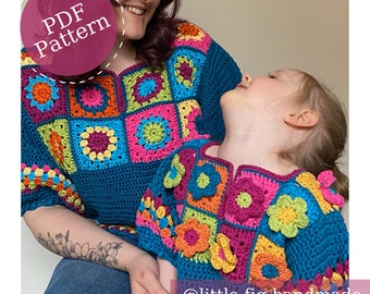 BELLE Children's and Women's Flower Granny Square Crochet Tunic Top PDF Crochet Pattern Bundle by Little Fig Handmade