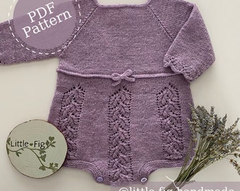 Olivia Lace Knit 4ply Baby Romper PDF Knitting Pattern | Bottom up one piece | 0 - 12 Months