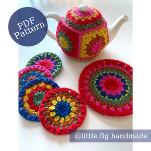 Granny Square Rainbow Grandma Tea Cosy and Coasters Set PDF Crochet Pattern