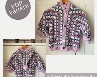 Little Fig NICKY Crochet Grandma Giacca cardigan con cappuccio esagonale e quadrata per bambini Modello PDF all'uncinetto