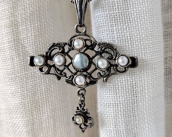 Antique Austro-Hungarian silver pendant with pearls and mother of pearl