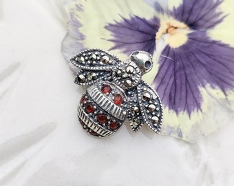 Vintage silver bee brooch with marcasites and garnets, insect brooch