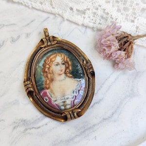 Antique gilt brass pendant with miniature portrait, France, 19th century