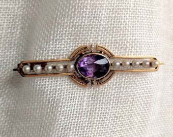 Antique 14 carat gold brooch amethyst and seed pearls