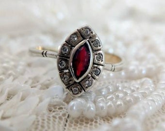 Antique Art Deco marquise gilt silver ring glass red stone and rhinestones