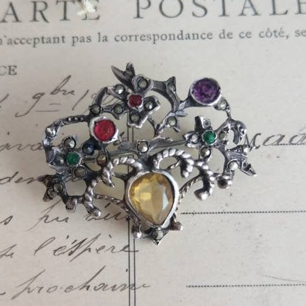 Antique brooch 1920 giardinetti - bouquet of flowers - silver, marcasite and paste stones