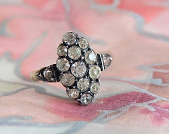 Antiguo anillo marquesa del siglo XIX Napoleón III oro rosa de 18 quilates plata y pasta de vidrio
