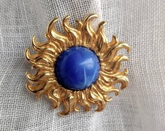 Ancienne Broche En Métal Doré Et Pierre Bleue - Bijou Vintage - Occasion