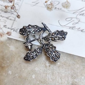 Vintage silver and marcasite brooch with oak leaves and acorn, autumn