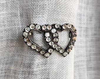 Antique 19th century silver and paste stones brooch, heart, two hearts