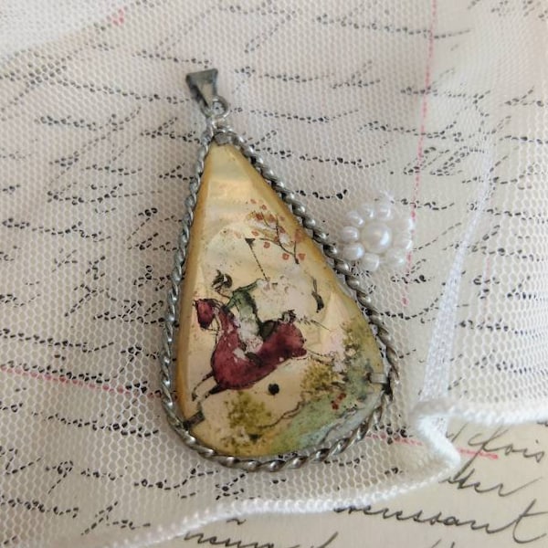 Antique pendant hand painted on mother of pearl
