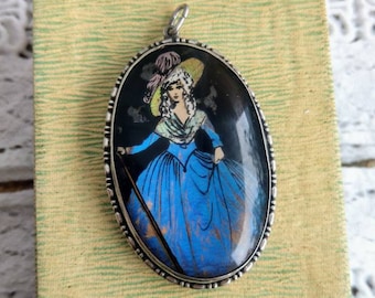 Antique silver pendant woman with butterfly wing, blue morpho