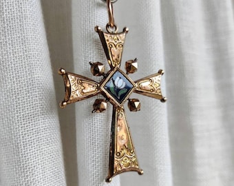Antique cross pendant 19th century rose gold plated enamel