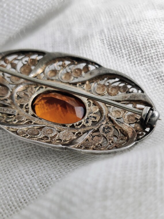 Broche Ancienne Art Déco - Argent Filigrané Doré - Incrustations Marcassites