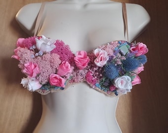 Pink and soft blue mossy fairy floral bralette