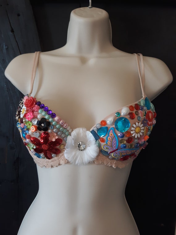 Flower Child 60s Style Patched and Jeweled Bralette 36A 