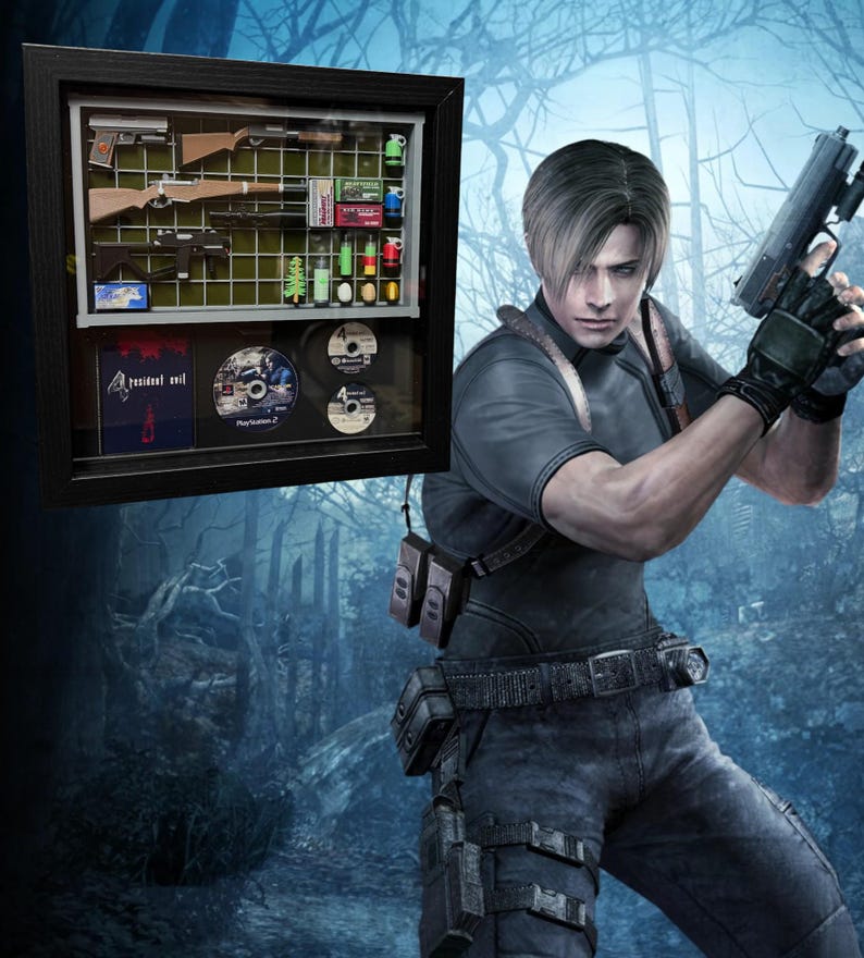 May include: A framed display case with a collection of Resident Evil 4 video game memorabilia. The case includes a variety of items, such as the game's cover art, a PlayStation 2 game disc, and a variety of weapons and ammunition. A character from the game, Leon S. Kennedy, is standing in front of the case, holding a gun.