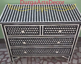 Bone Inlay Dresser Black Geometric Pattern Chest Of 4 Drawers