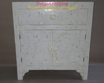 Handmade White Bone Inlay Floral Designer Bedside Nightstand