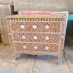 Brown Mother Of Pearl Inlay  Floral French Chest Of 3 Drawer