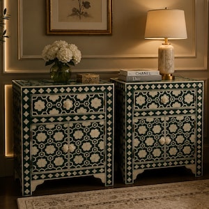 Designer Bone Inlay Green Geometric Pattern Bedside Nightstand