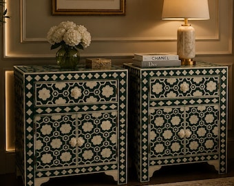 Designer Bone Inlay Green Geometric Pattern Bedside Nightstand