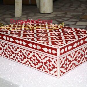 Red Bone Inlay Box: Handmade Geometric Pattern Jewelry Box
