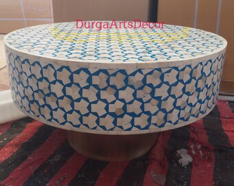 Blauer Knochen-Inlay Targua Marokkanischer geometrischer Muster-runder Couchtisch
