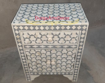 Bone Inlay Grey Geometric Pattern Bedside Nightstand