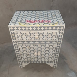Bone Inlay Grey Geometric Pattern Bedside Nightstand