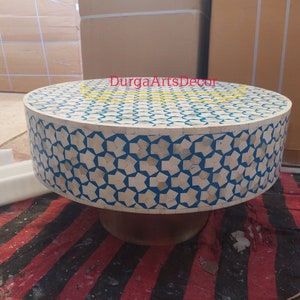 Blue & Bone Inlay Geometric pattern Round Coffee Table