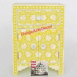 Bone Inlay Handmade Designer Yellow Geometric Pattern Bedside Nightstand