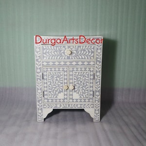 Bone Inlay Handmade Designer Grey Floral Pattern Bedside Nightstand