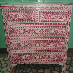 Bone Inlay Pink Floral Pattern Chest Of 5 Drawers , wardrobe cabinet