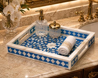 Handmade Blue Bone Inlay Floral Tray: Decorative Serving Tray