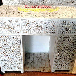 Mother Of Pearl Inlay White Floral Pattern 3 Drawers 2 Doors Office Table / study table