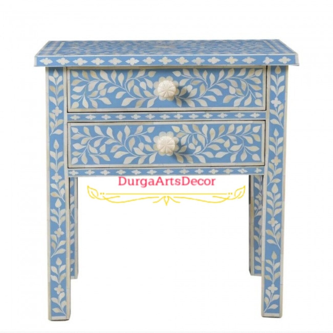 Bone Inlay Blue Floral Pattern 2 Drawers Nightstand - Etsy