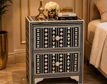 Designer Bone Inlay Nightstand: Black Geometric Pattern, Two Drawers Bedside