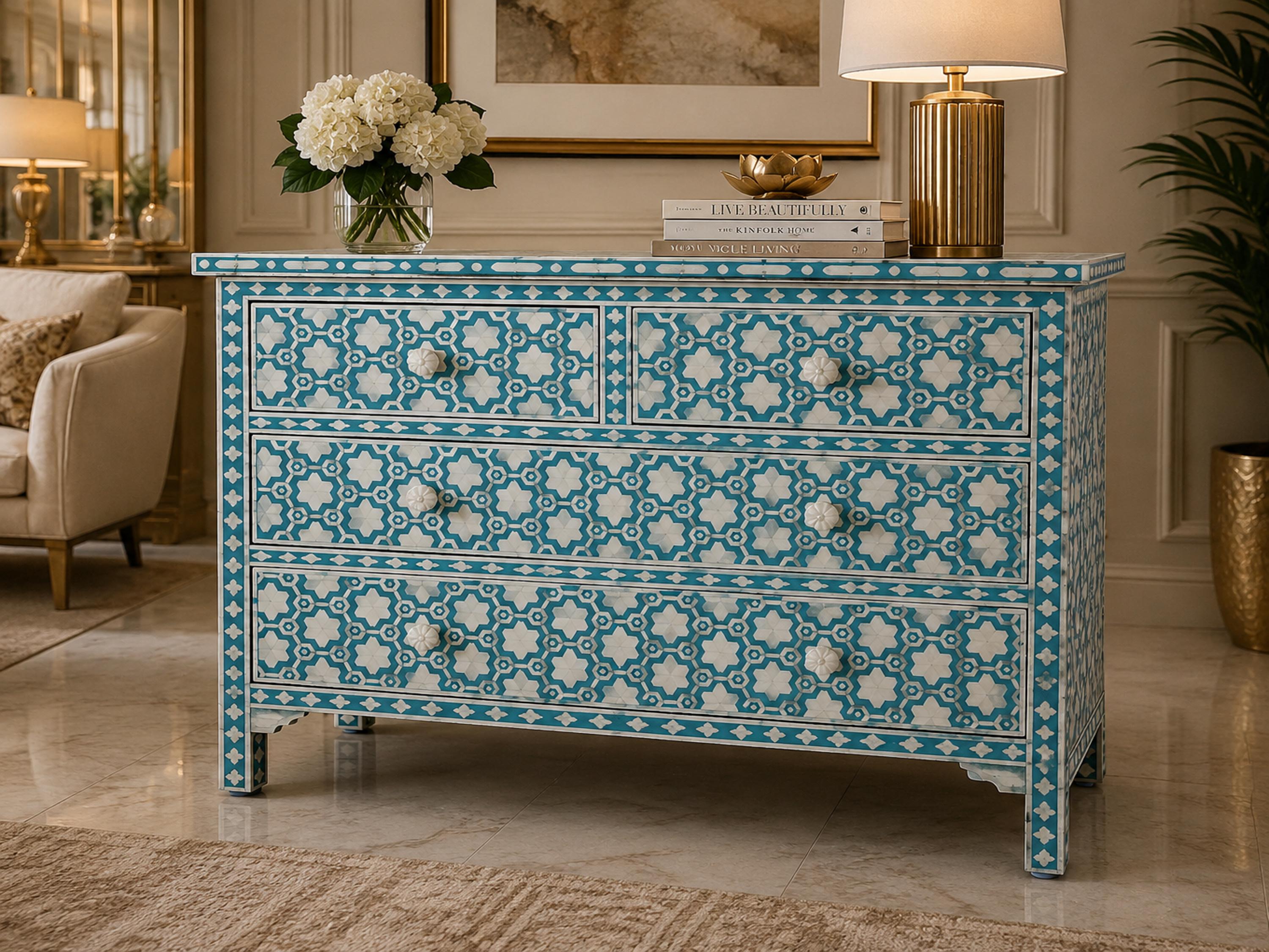 bone inlay dresser blue Handmade Turquoise Geometric Pattern Designer Chest of 4 Drawers Occasion:DAY OCCASION Marc Jacobs Cape Mini Size:40 Long Its blue and white