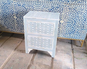Pale Grey Bone Inlay Geometric Pattern Two Drawers Nightstand