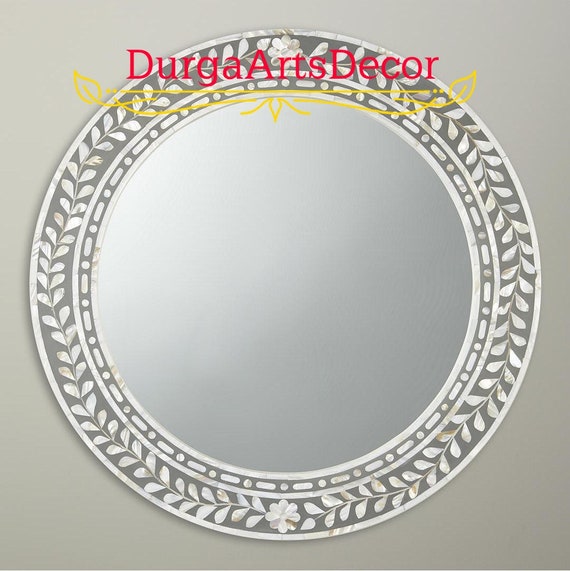 Mother Of Pearl Inlay Grey Pattern Round Mirror Frame With Mother Of Pearl Inlay Grey Pattern, Round Mother Of Pearl Mirror