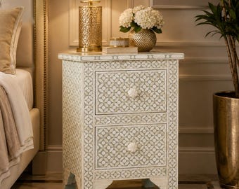 Designer Grey Bone Inlay Geometric Pattern Two Drawers Nightstand