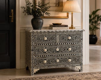 Designer Bone Inlay Dresser Black Floral Pattern Chest Of 4 Drawers cabinet