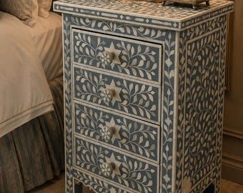 Handmade Grey & Bone Inlay Designer Bedside Table of 4 Drawers